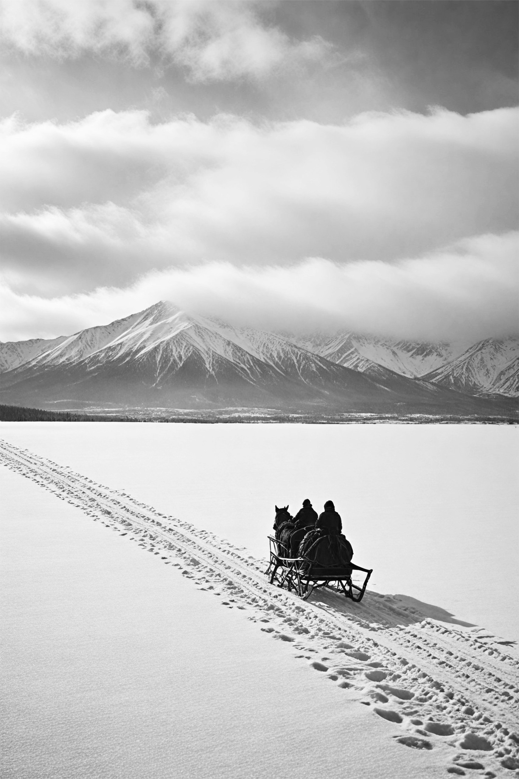 Bonaque — Journey Through the Winter Silence, czarno-biała fotografia sań zaprzężonych w konia na śniegu, sygnowana grafika za 65 € na firmowy prezent świąteczny