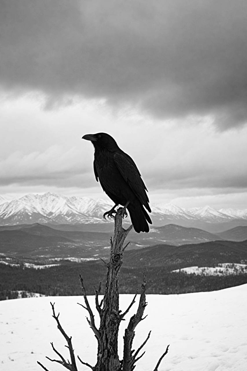 Bonaque — The Watchful Raven, czarno-biała fotograficzna grafika artystyczna wystawiona na aukcji