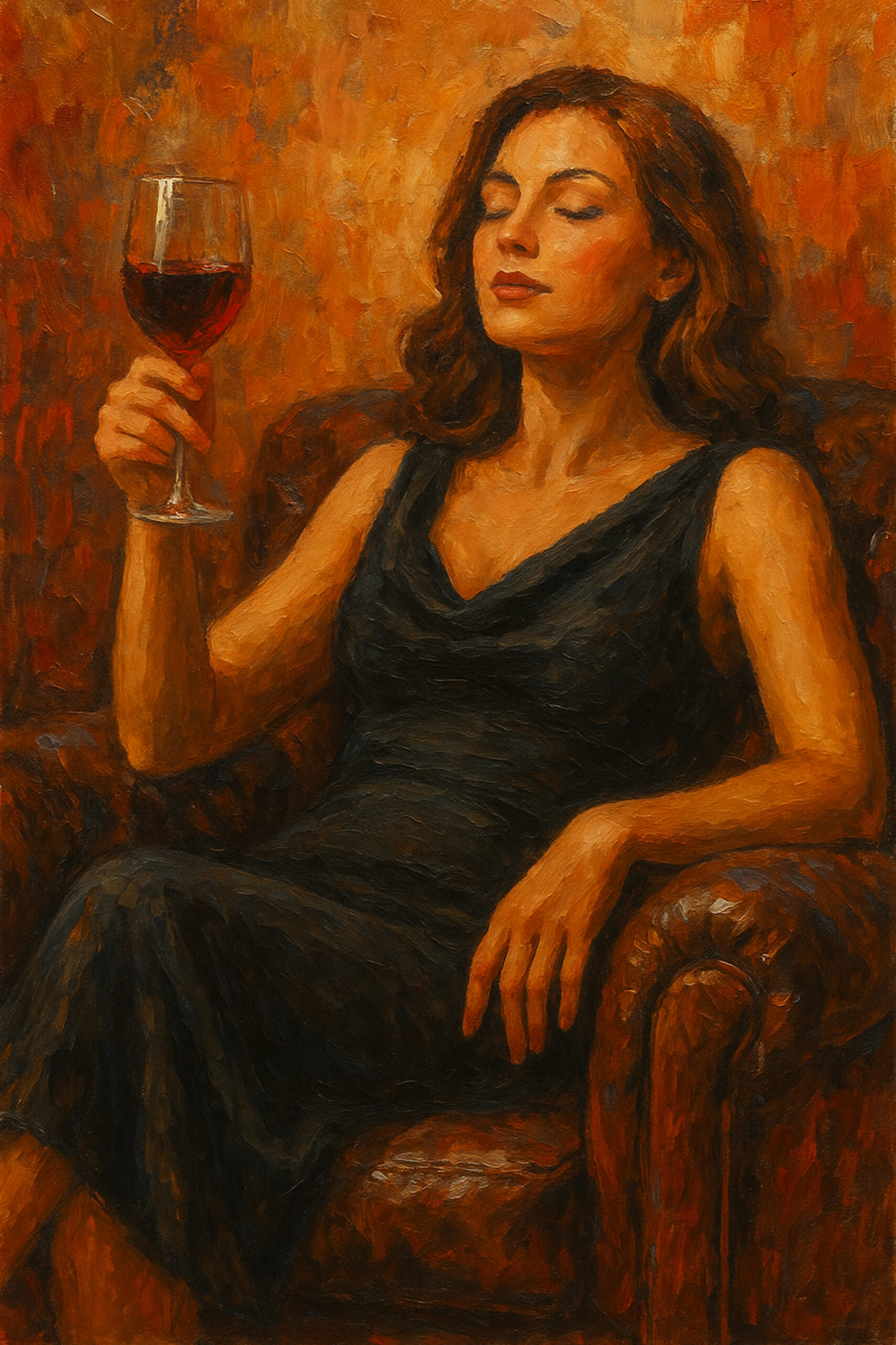 Elena Aureli — A Toast to Solitude, kobieta w skórzanym fotelu z kieliszkiem czerwonego wina, namalowana w ciepłych barwach, przytulny obraz na ścianę