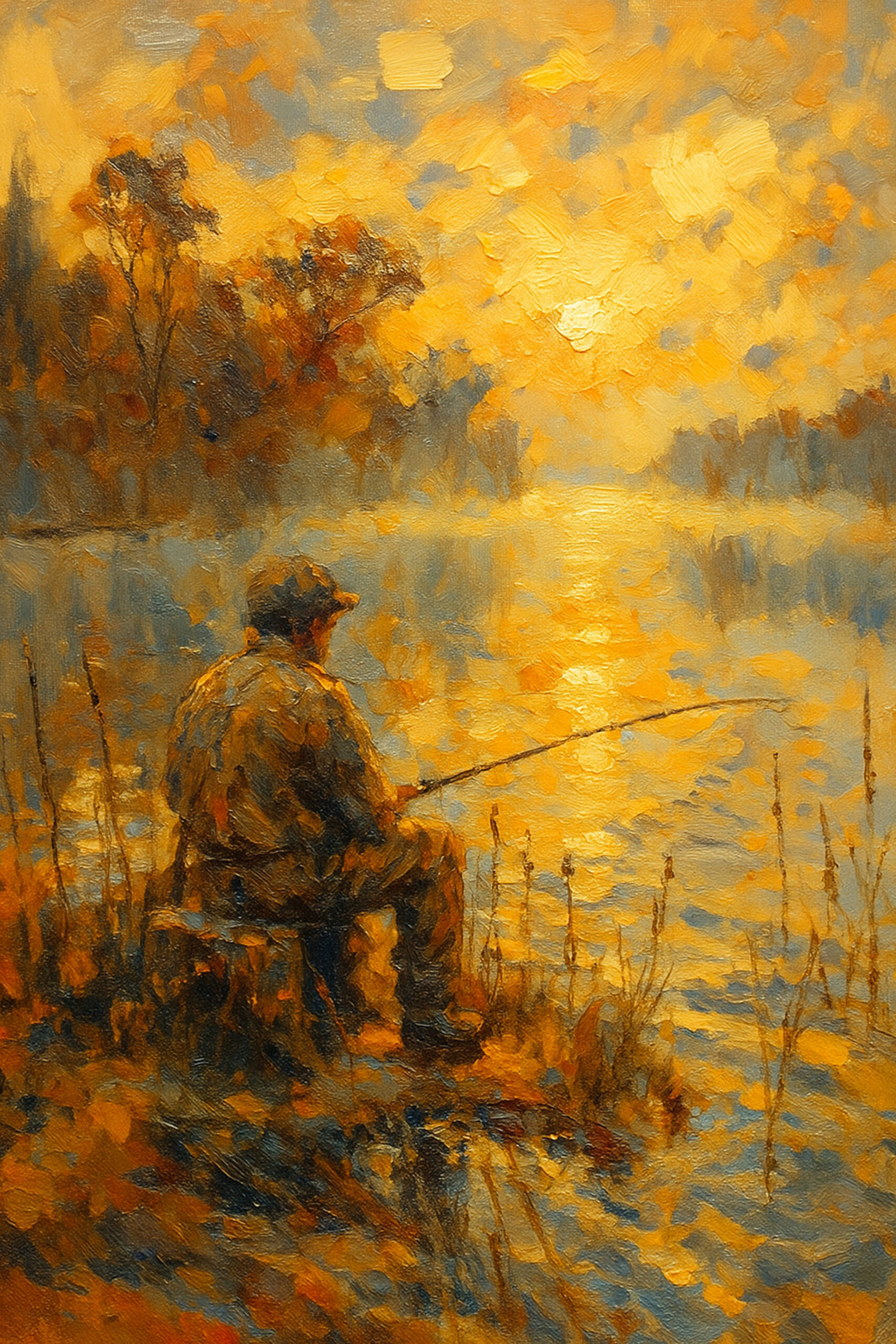 Henri des Bois — Golden Tranquility, wędkarz nad jeziorem o zachodzie słońca w złocie i bursztynie, sygnowana grafika artystyczna, która ociepla salon zimą