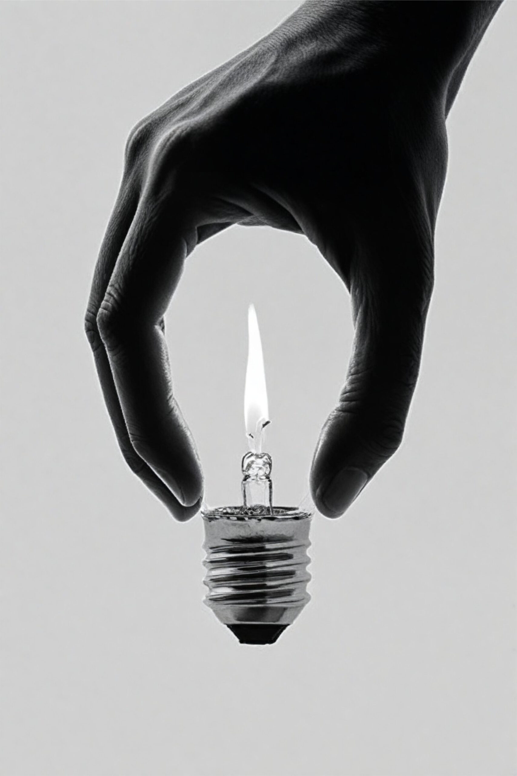 Moroz — Igniting Ideas, czarno-biała fotografia dłoni trzymającej żarówkę z płomieniem w środku, sygnowana grafika za 95 € na prezent dla klienta