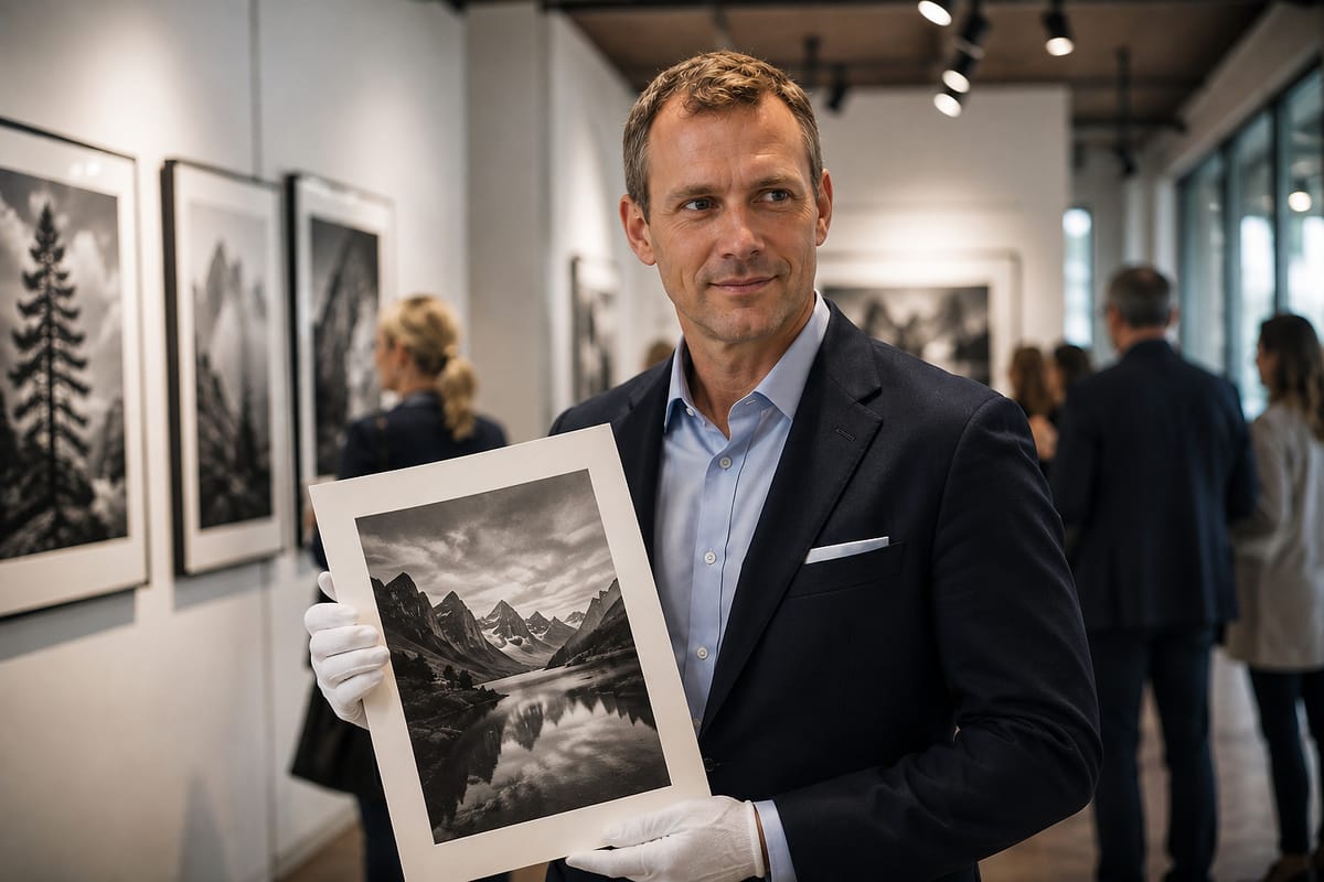 Alexander van der Meer trzyma podpisany odbitek w bawełnianych rękawiczkach.